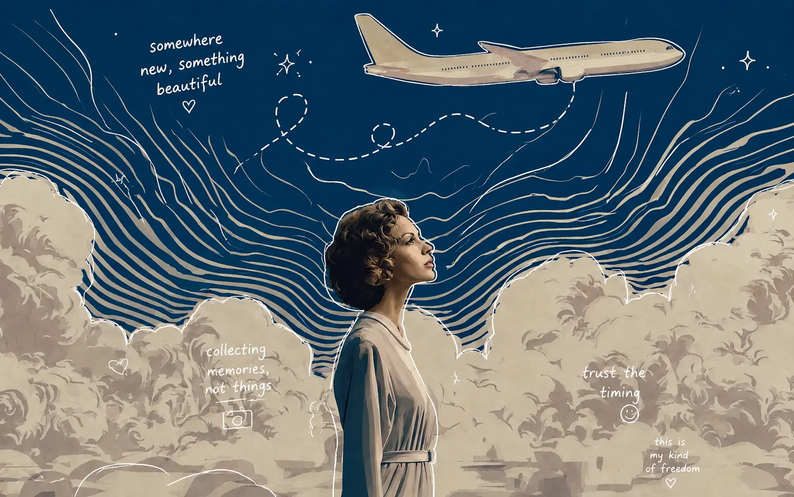 An illustrated traveller watching a plane cross the sky above the clouds