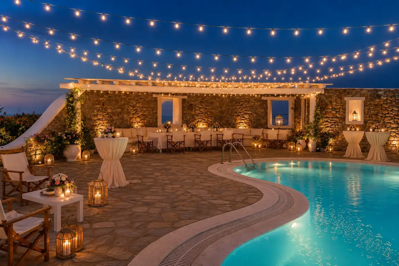Poolside wedding under string lights at a Restoni villa in Mykonos